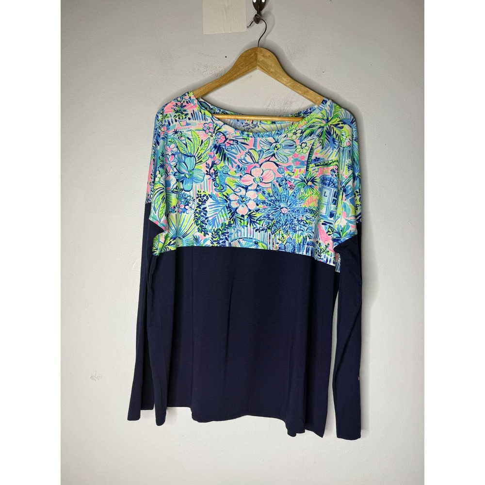 Lilly Pulitzer Etta V-Neck Top Navy Blue Tropical Print Long Sleeve Tee XL